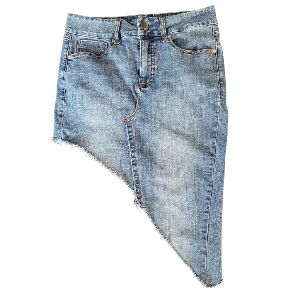 Upcycled Blue Jean Denim Asymmetrical Frayed Hem Mini Skirt Waist 31 Wmn 12